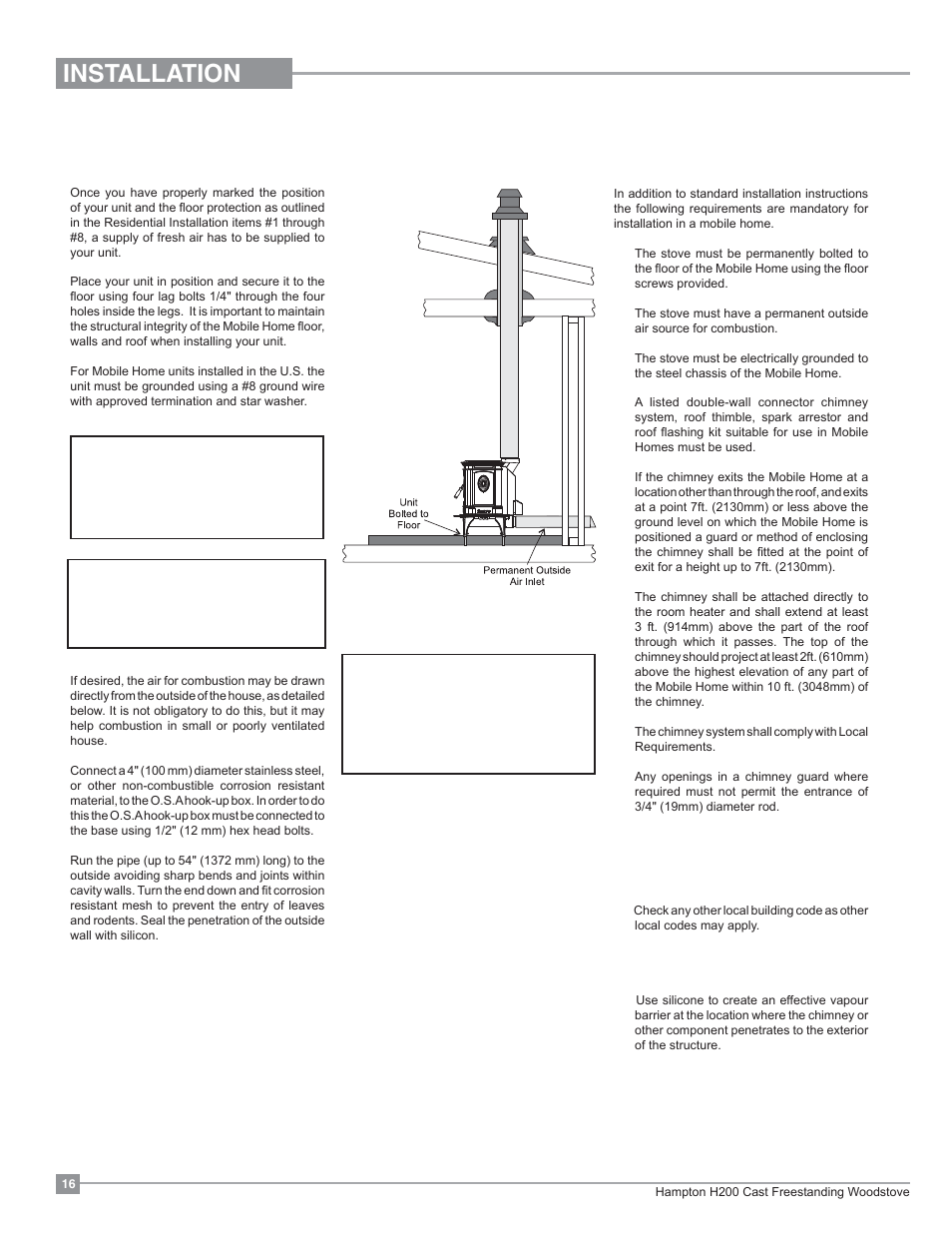 Installation, Mobile home installation | Regency Hampton H200 Medium Wood Stove User Manual | Page 16 / 36