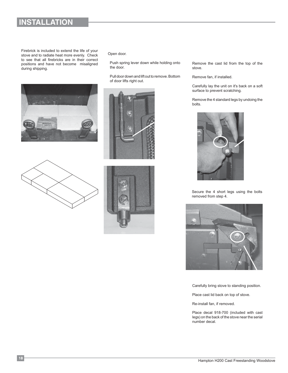 Installation, Door removal brick installation, Optional short leg installation | Regency Hampton H200 Medium Wood Stove User Manual | Page 18 / 36