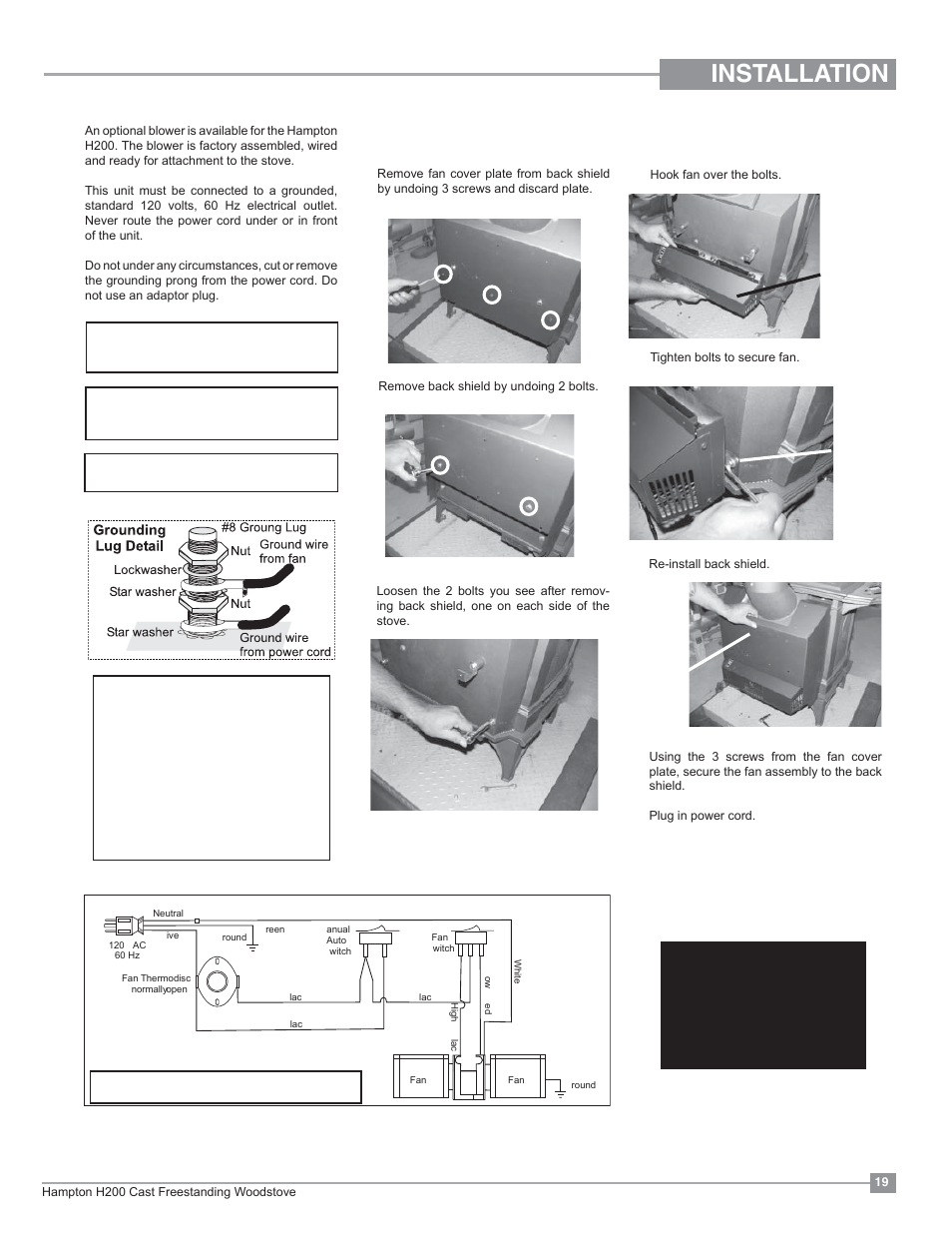 Installation, Optional blower/fan installation | Regency Hampton H200 Medium Wood Stove User Manual | Page 19 / 36