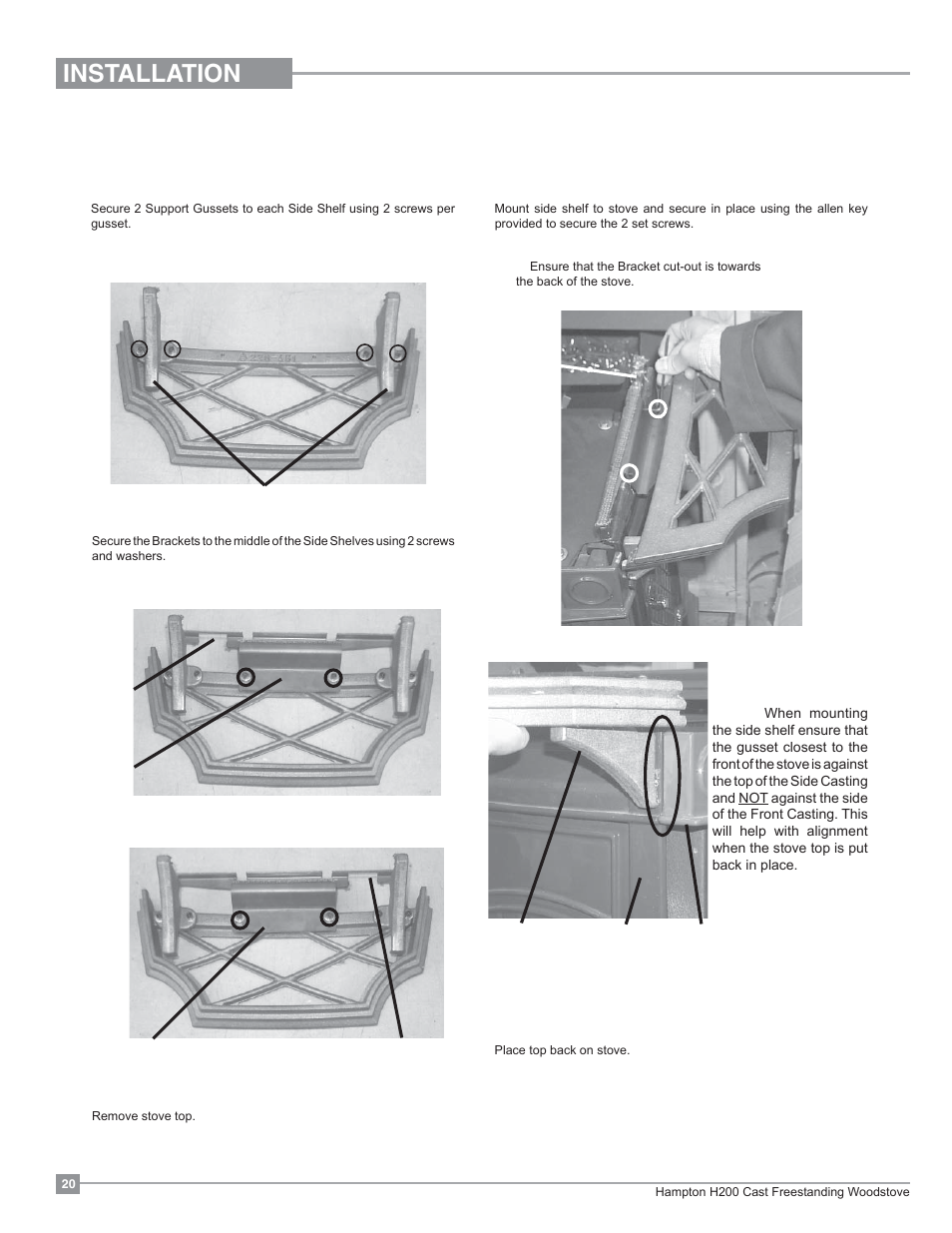 Installation, Optional side shelf installation | Regency Hampton H200 Medium Wood Stove User Manual | Page 20 / 36