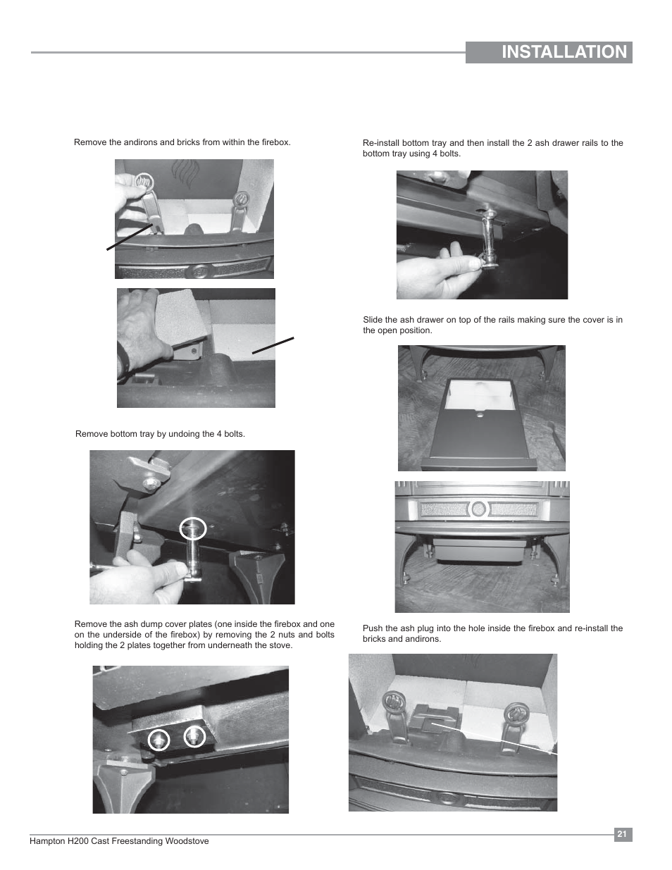 Installation, Optional ash drawer kit installation | Regency Hampton H200 Medium Wood Stove User Manual | Page 21 / 36