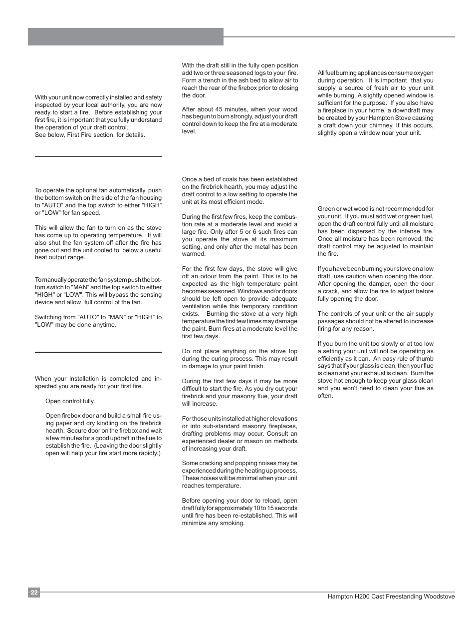 Operating instructions, First fire, Fan operation | Regency Hampton H200 Medium Wood Stove User Manual | Page 22 / 36