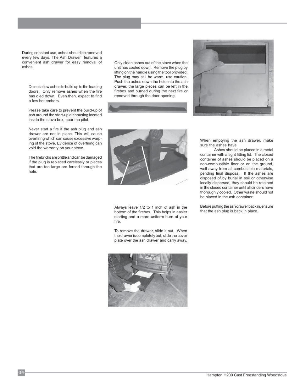 Operating instructions, Ash disposal | Regency Hampton H200 Medium Wood Stove User Manual | Page 24 / 36