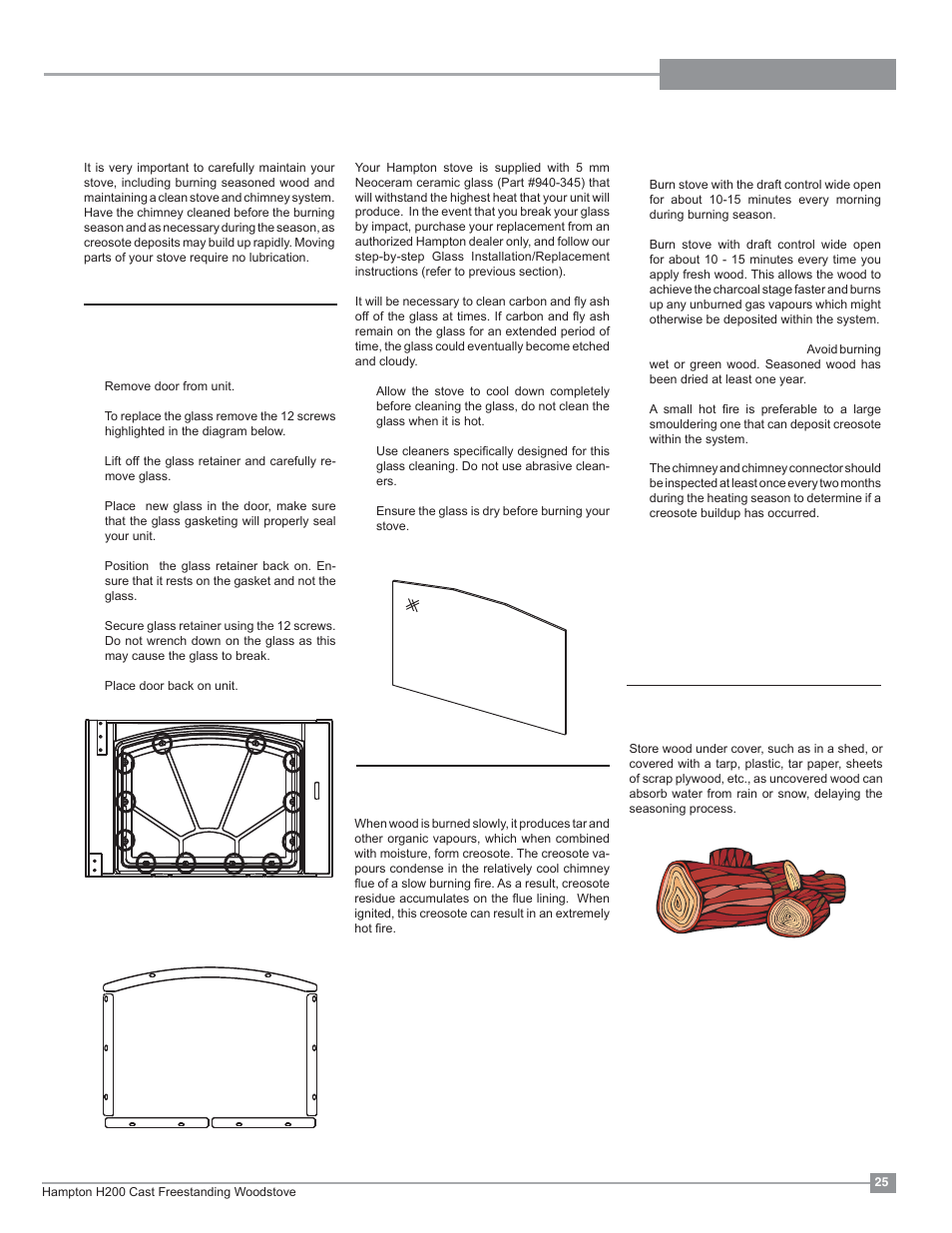 Maintenance, Glass installation/ replacement, Wood storage | Creosote, Glass maintenance | Regency Hampton H200 Medium Wood Stove User Manual | Page 25 / 36