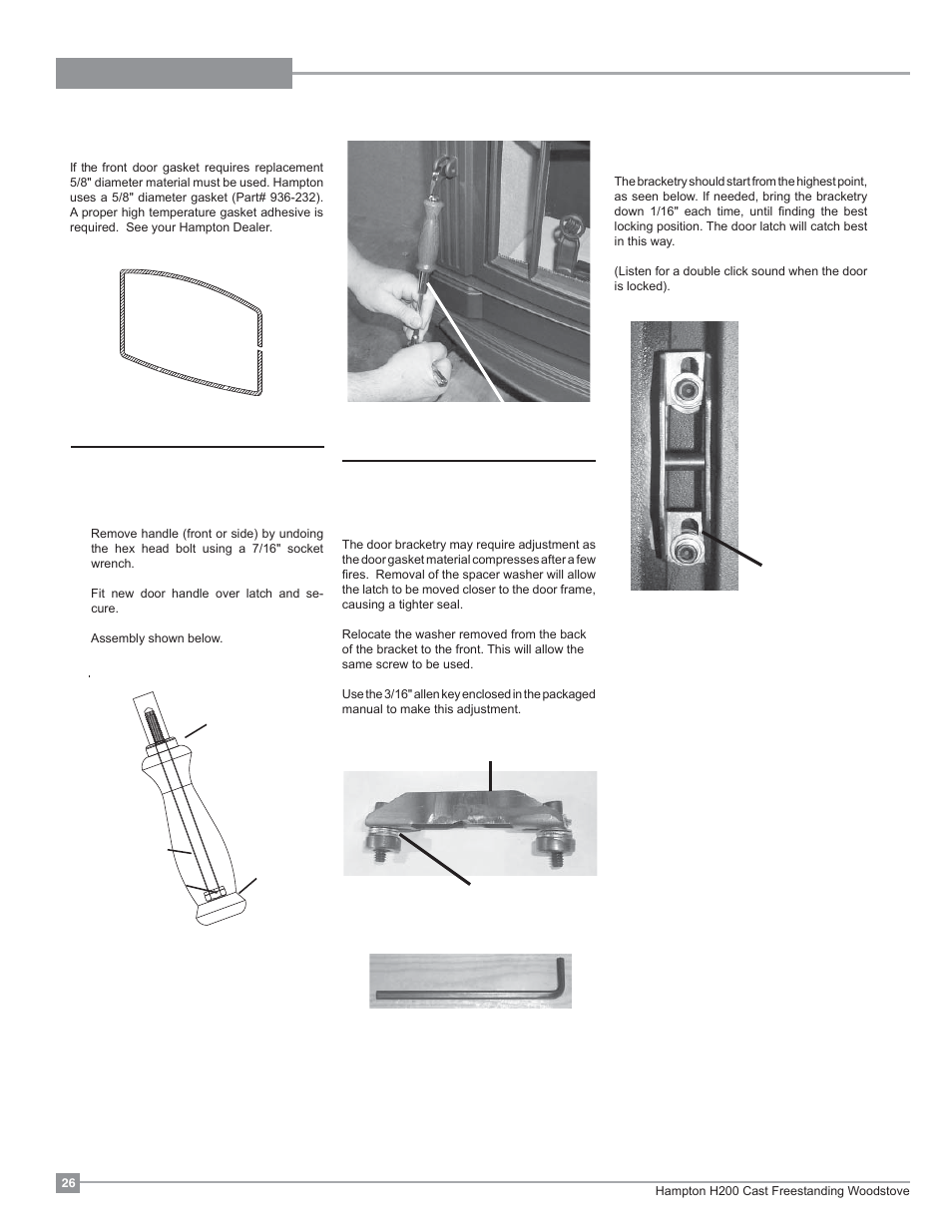 Maintenance, Handle replacement, Latch adjustment method | Front door gasket | Regency Hampton H200 Medium Wood Stove User Manual | Page 26 / 36