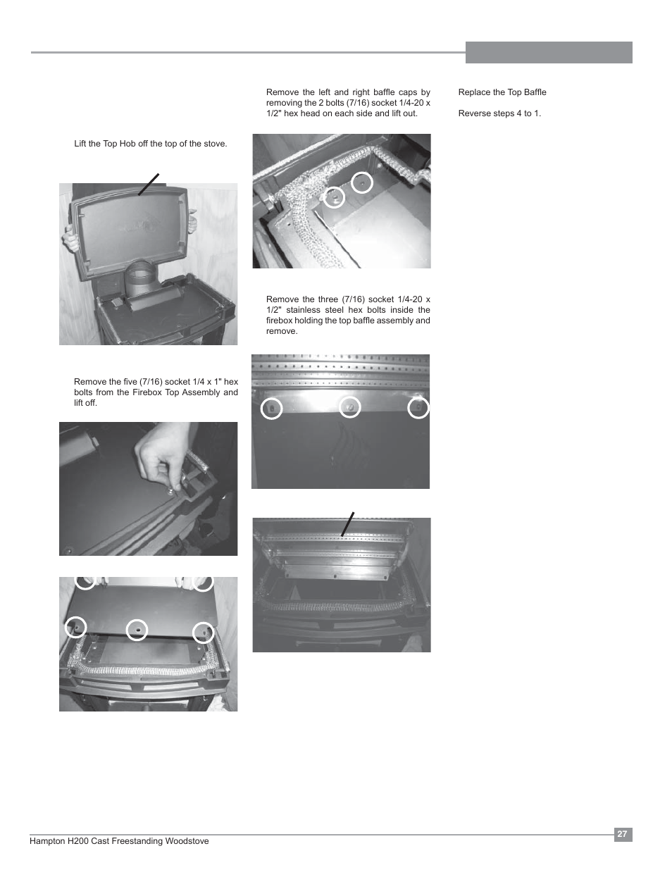 Maintenance, Top baffle replacement | Regency Hampton H200 Medium Wood Stove User Manual | Page 27 / 36