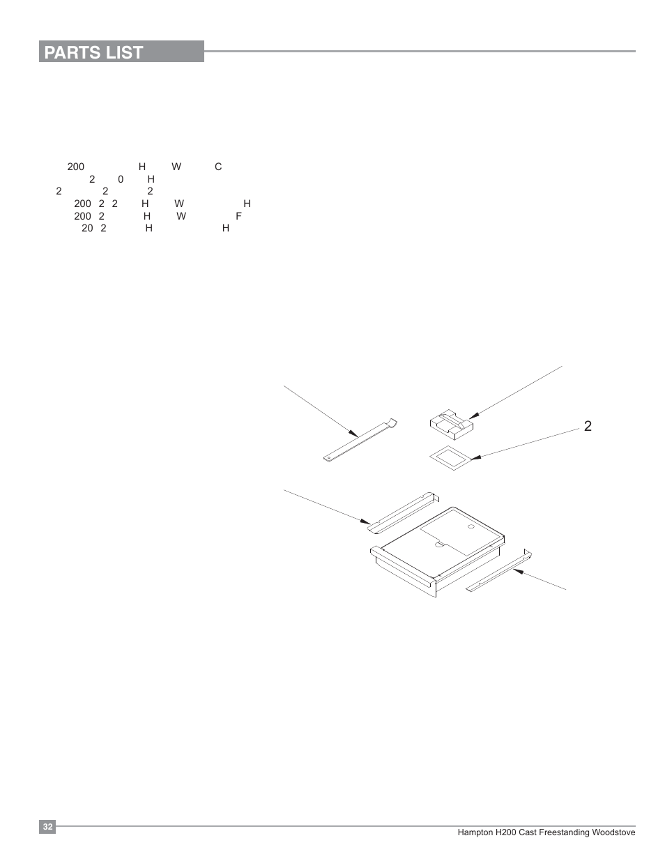 Parts list, H200 ash drawer assembly | Regency Hampton H200 Medium Wood Stove User Manual | Page 32 / 36