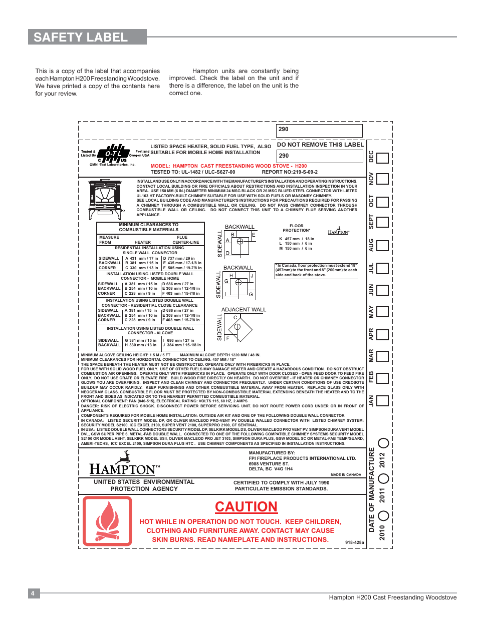 Caution, Safety label, Da te of manuf acture | Regency Hampton H200 Medium Wood Stove User Manual | Page 4 / 36