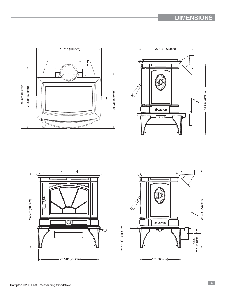 Dimensions, Unit dimensions with standard legs | Regency Hampton H200 Medium Wood Stove User Manual | Page 5 / 36