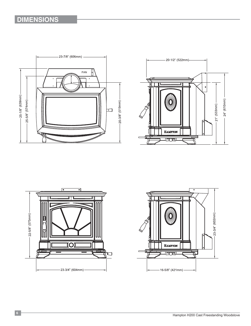 Dimensions, Unit dimensions with optional short legs | Regency Hampton H200 Medium Wood Stove User Manual | Page 6 / 36