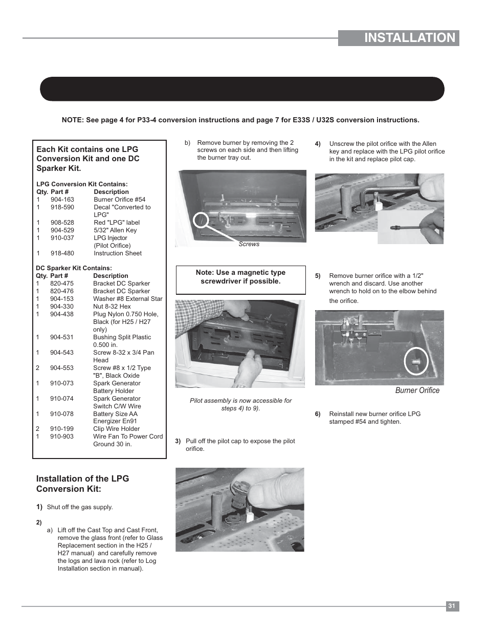 Installation, Installation of the lpg conversion kit, Burner orifi ce | Regency Hampton H27 Medium Gas Stove User Manual | Page 31 / 48