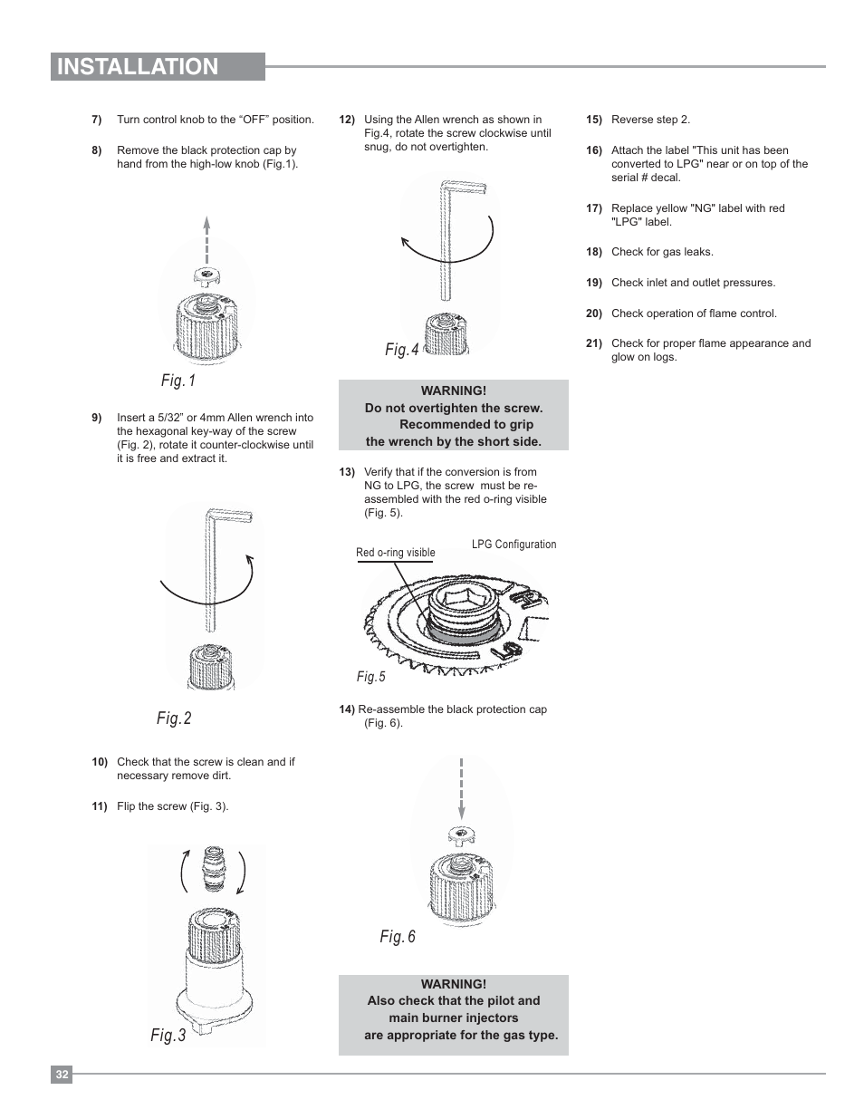 Installation, Fig.2 fig.3, Fig. 6 | Fig. 1, Fig.4 | Regency Hampton H27 Medium Gas Stove User Manual | Page 32 / 48