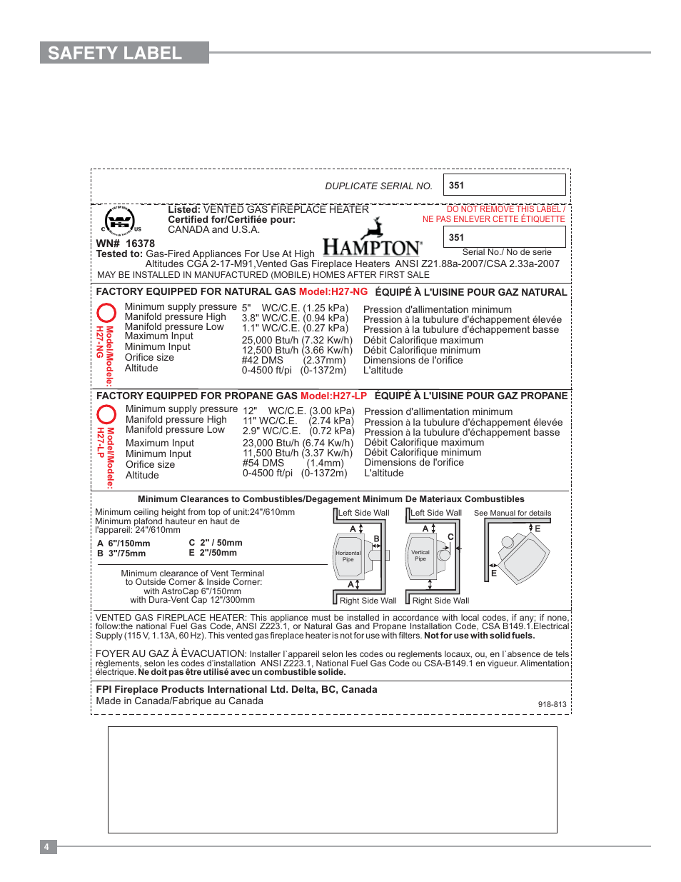 Safety label, Copy of safety label | Regency Hampton H27 Medium Gas Stove User Manual | Page 4 / 48