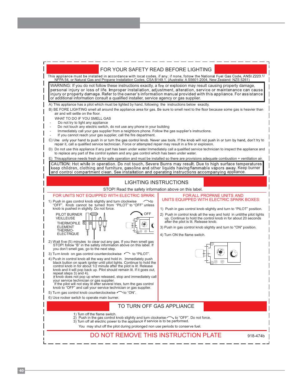 Operating instructions, Do not remove this instruction plate, Copy of the lighting plate instructions | For your safety read before lighting, Lighting instructions to turn off gas appliance | Regency Hampton H27 Medium Gas Stove User Manual | Page 40 / 48