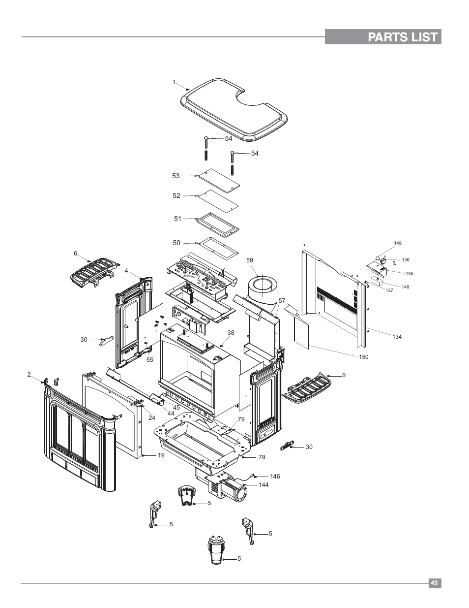 Parts list, Main assembly | Regency Hampton H27 Medium Gas Stove User Manual | Page 45 / 48