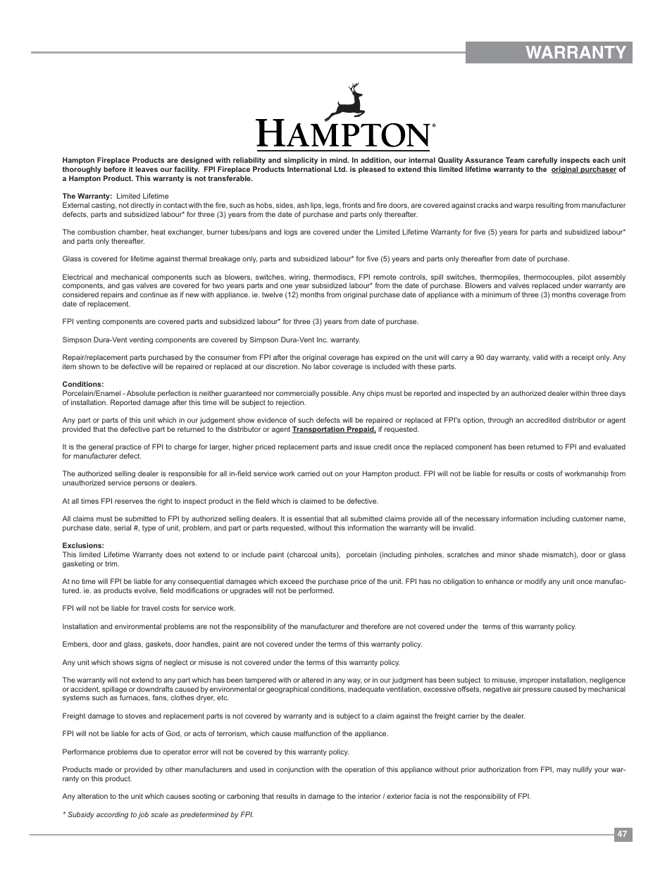 Warranty | Regency Hampton H27 Medium Gas Stove User Manual | Page 47 / 48