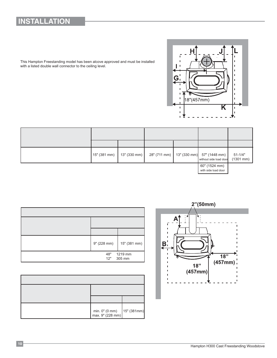 Installation, Minimum alcove clearance to combustible materials, Additional clearances for backwall exit | Regency Hampton H300 Large Wood Stove User Manual | Page 10 / 36