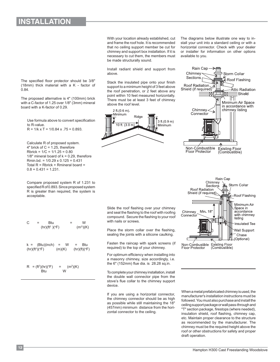 Installation, Factory built chimney, Step-by-step chimney and connector installation | Regency Hampton H300 Large Wood Stove User Manual | Page 12 / 36