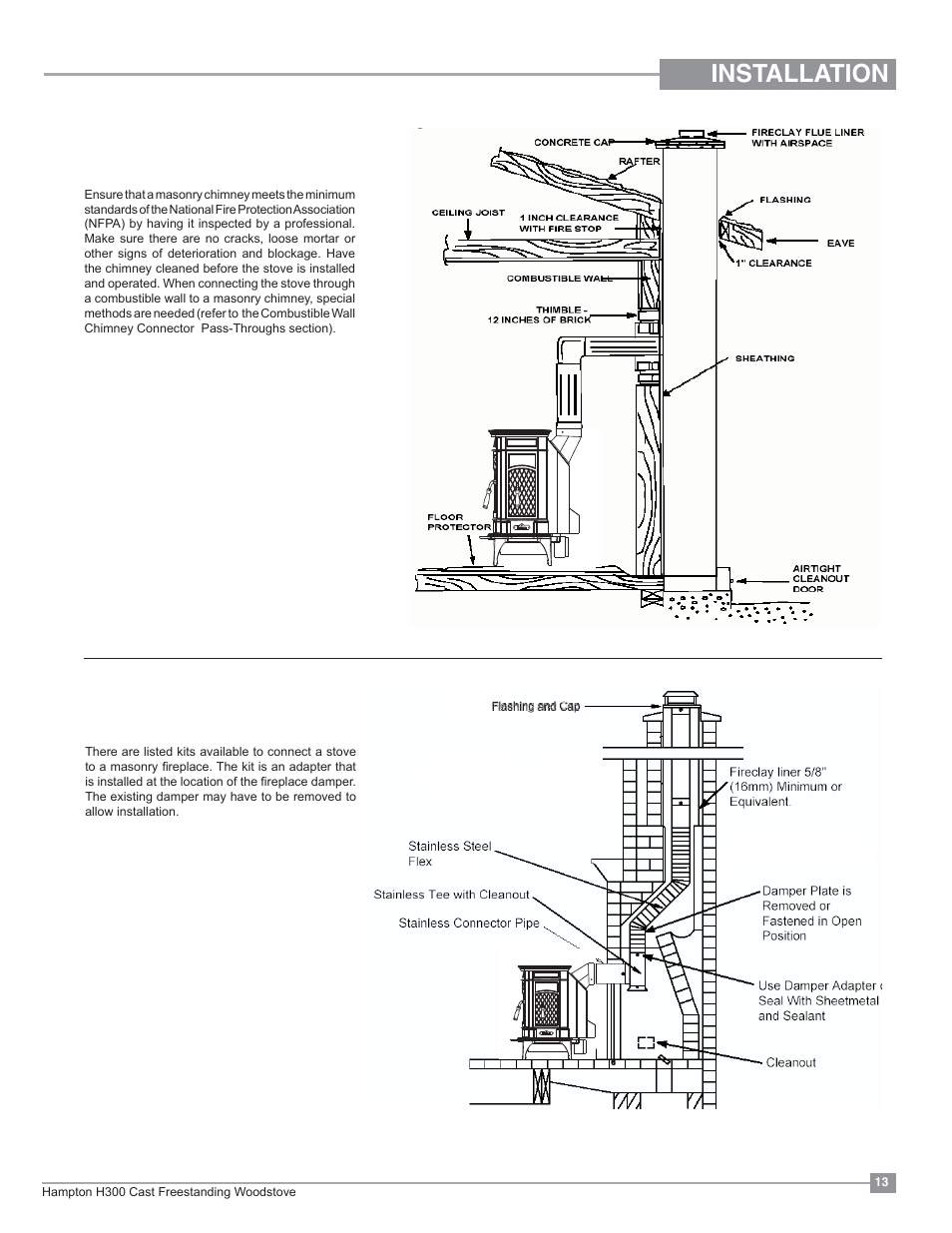 Installation, Masonry fireplace, Masonry chimney | Regency Hampton H300 Large Wood Stove User Manual | Page 13 / 36