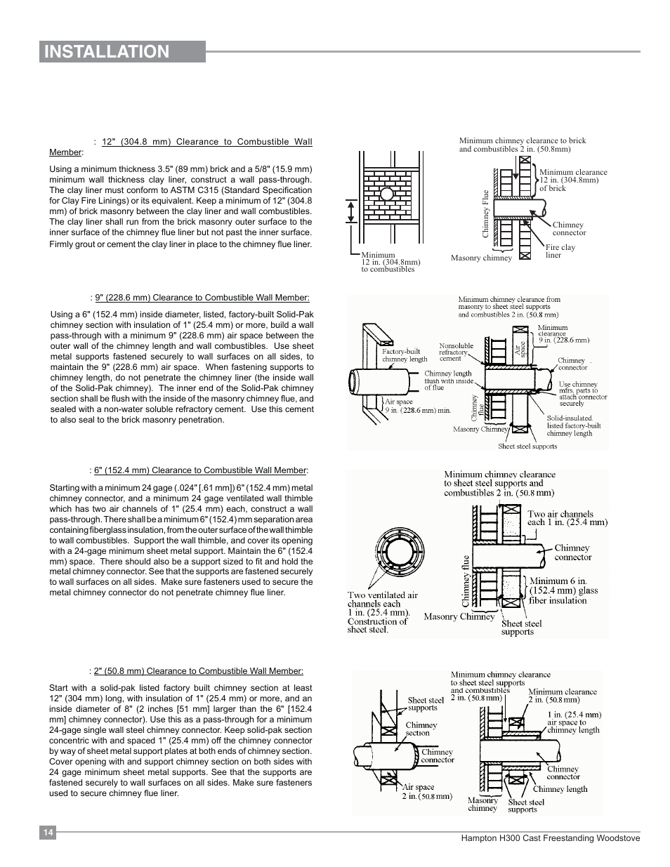 Installation, Combustible wall chimney connector pass-throughs | Regency Hampton H300 Large Wood Stove User Manual | Page 14 / 36