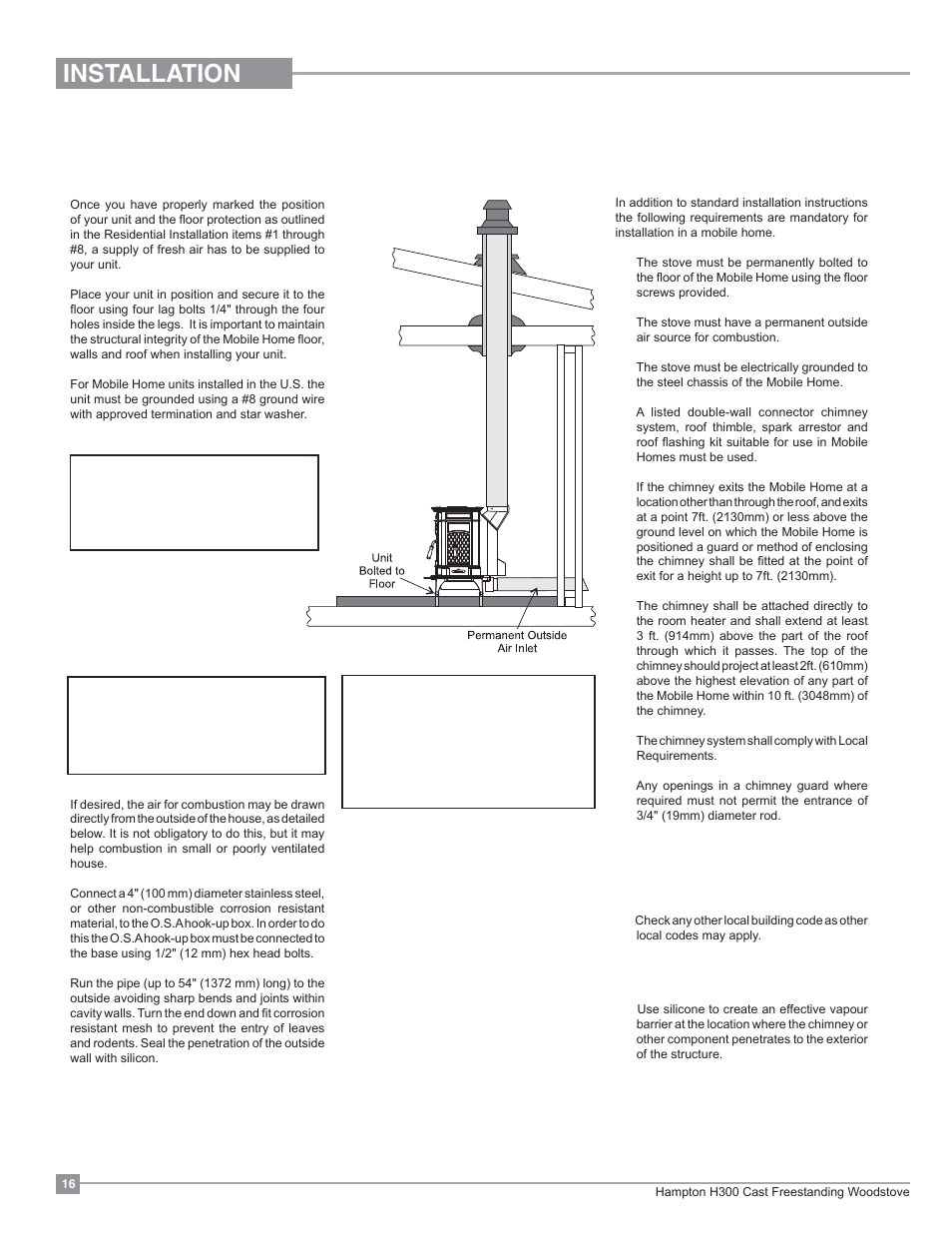Installation, Mobile home installation | Regency Hampton H300 Large Wood Stove User Manual | Page 16 / 36