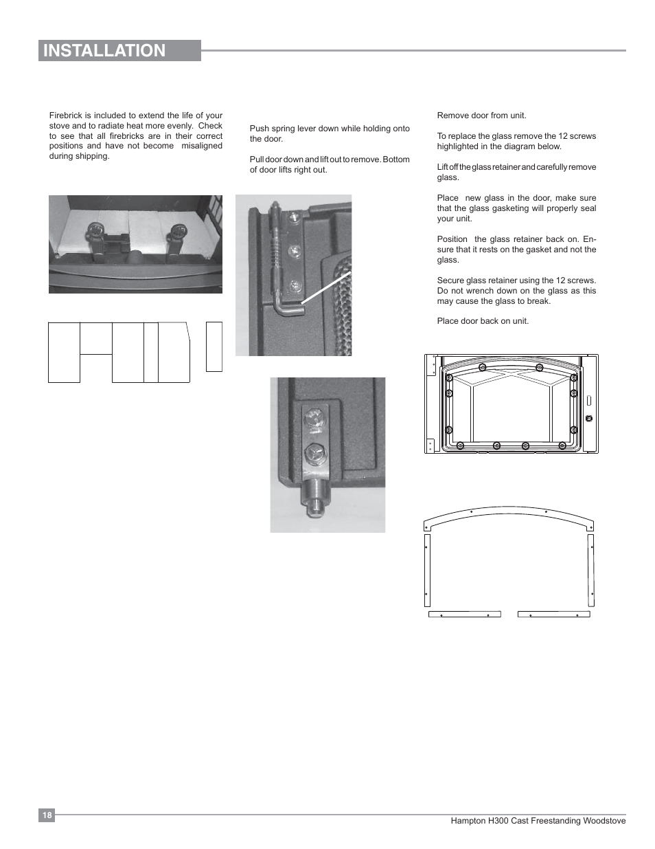 Installation, Door removal brick installation, Glass installation | Regency Hampton H300 Large Wood Stove User Manual | Page 18 / 36