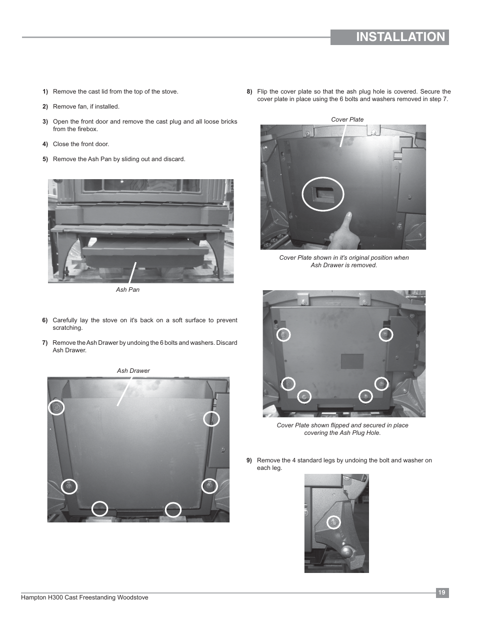 Installation, Optional short leg installation | Regency Hampton H300 Large Wood Stove User Manual | Page 19 / 36
