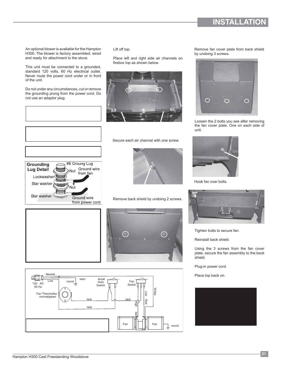 Installation, Optional blower / fan installation, Screws | Regency Hampton H300 Large Wood Stove User Manual | Page 21 / 36