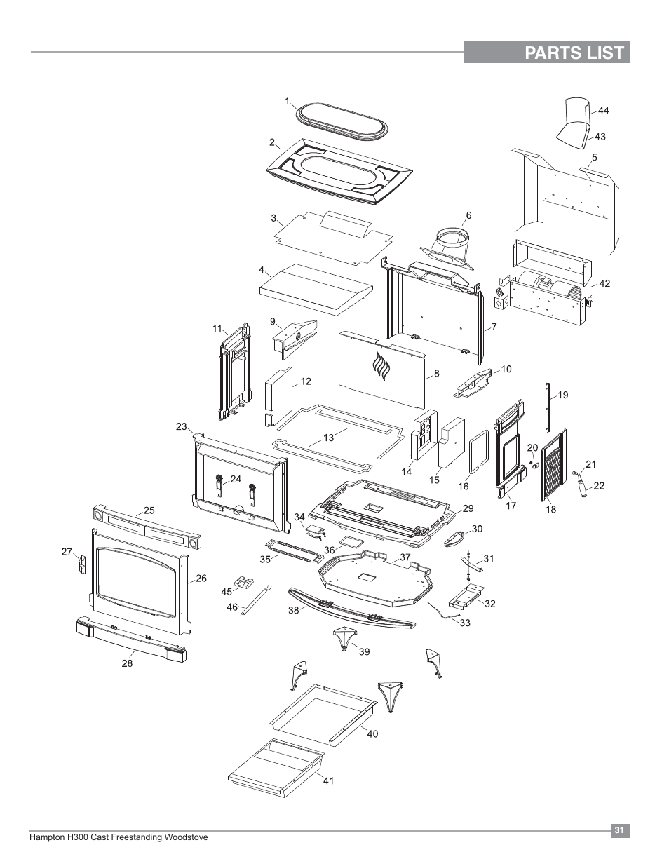 Parts list | Regency Hampton H300 Large Wood Stove User Manual | Page 31 / 36