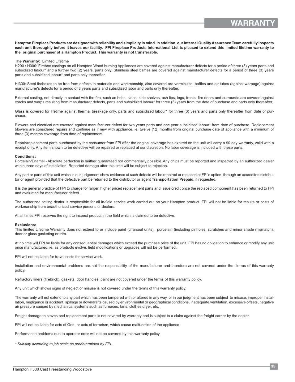Warranty | Regency Hampton H300 Large Wood Stove User Manual | Page 35 / 36
