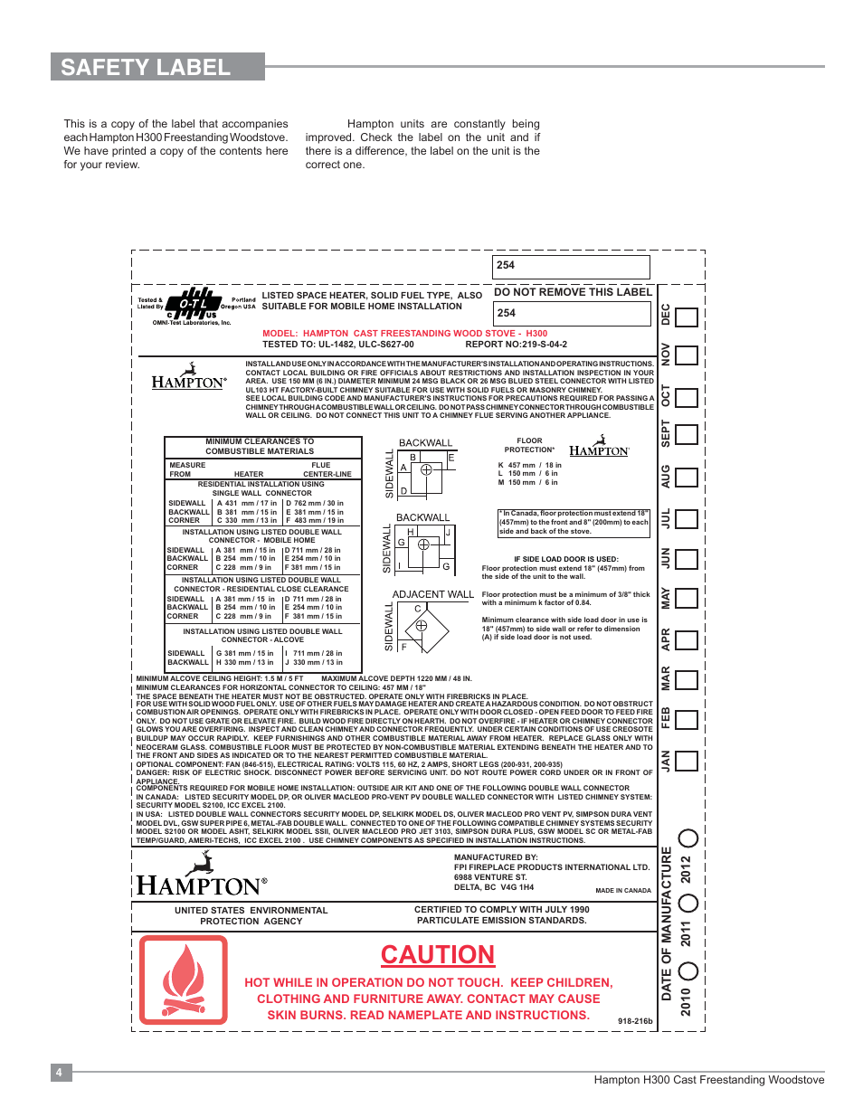 Caution, Safety label, Copy of safety label for h300 | Da te of manuf acture | Regency Hampton H300 Large Wood Stove User Manual | Page 4 / 36