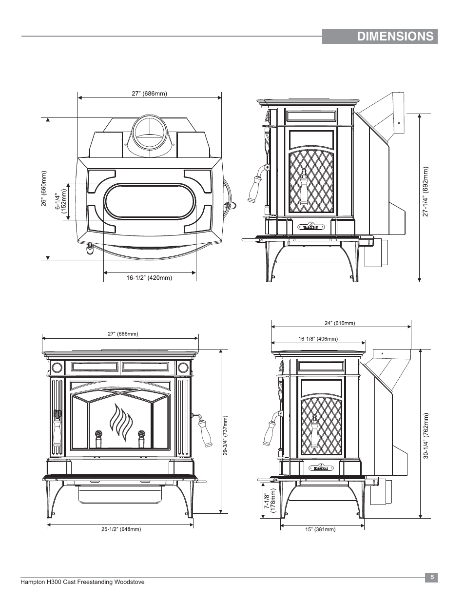 Dimensions, Unit dimensions with standard legs | Regency Hampton H300 Large Wood Stove User Manual | Page 5 / 36