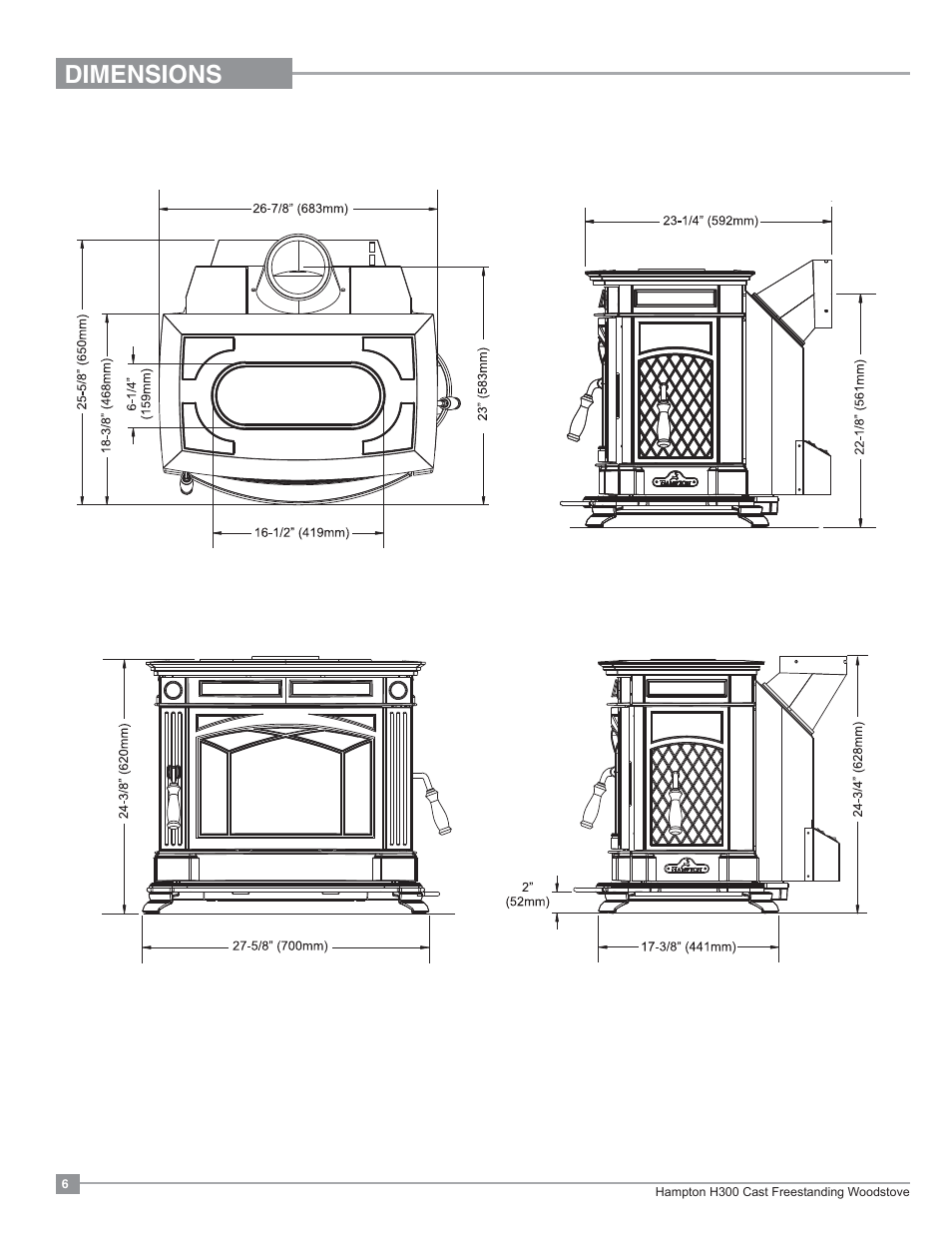 Dimensions, Unit dimensions with optional short legs | Regency Hampton H300 Large Wood Stove User Manual | Page 6 / 36