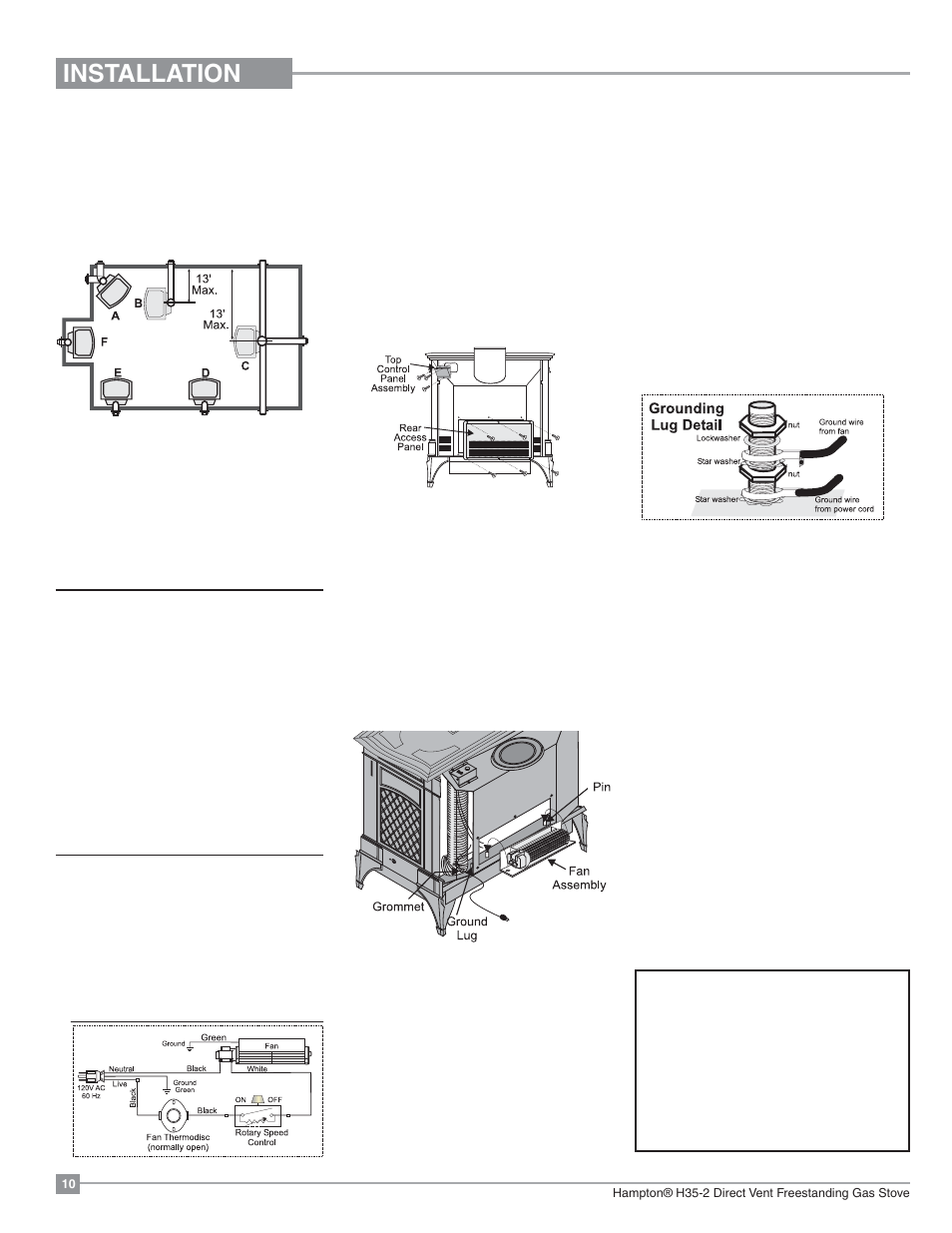 Installation, Optional fan installation, Locating your gas stove | Manufactured mobile home additional requirements, Combustion and ventilation air | Regency Hampton H35 Large Gas Stove User Manual | Page 10 / 48
