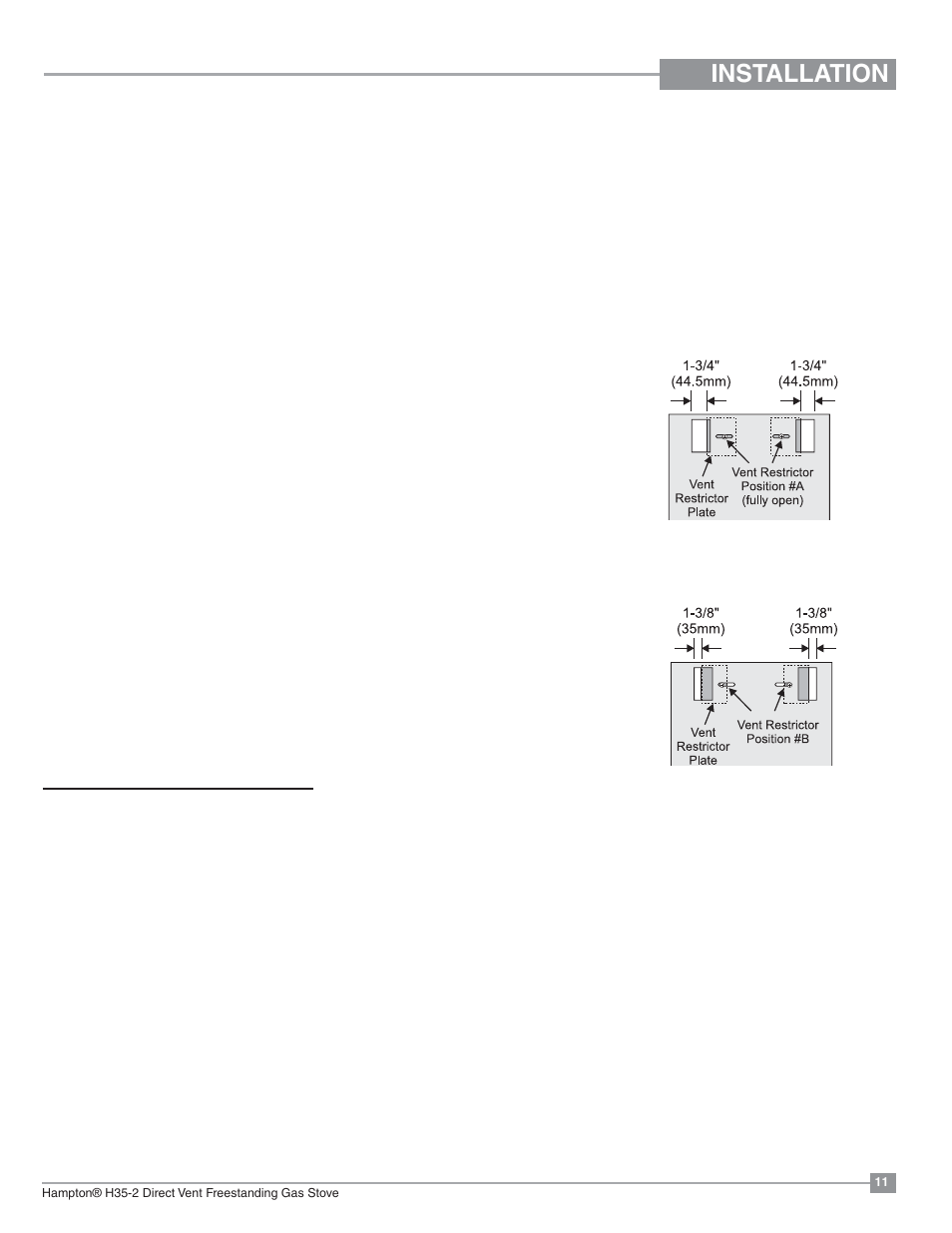 Installation, Installation precautions, Safety precautions for the installer | Venting introduction, Vent restrictor position | Regency Hampton H35 Large Gas Stove User Manual | Page 11 / 48