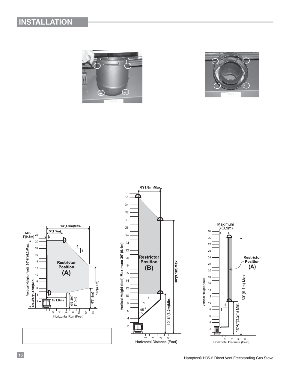 Installation, Venting arrangements, Rotating 45 | Elbow for straight horizontal terminations | Regency Hampton H35 Large Gas Stove User Manual | Page 16 / 48