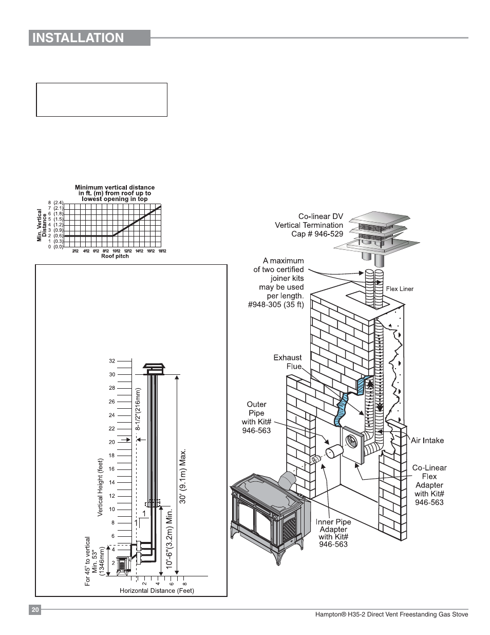 Installation, Vertical termination with co-linear flex system | Regency Hampton H35 Large Gas Stove User Manual | Page 20 / 48