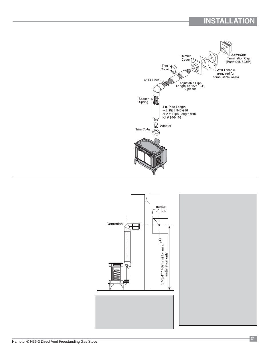Installation, Dv stove horizontal termination vent kit | Regency Hampton H35 Large Gas Stove User Manual | Page 21 / 48
