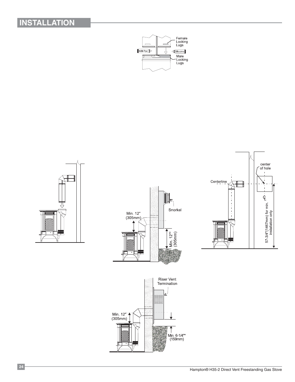 Installation, Horizontal installations, Rigid vent system | Regency Hampton H35 Large Gas Stove User Manual | Page 24 / 48