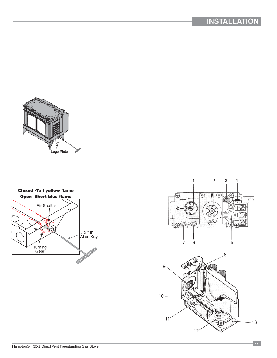 Installation, Gas pipe pressure testing, Aeration adjustment | Regency Hampton H35 Large Gas Stove User Manual | Page 29 / 48