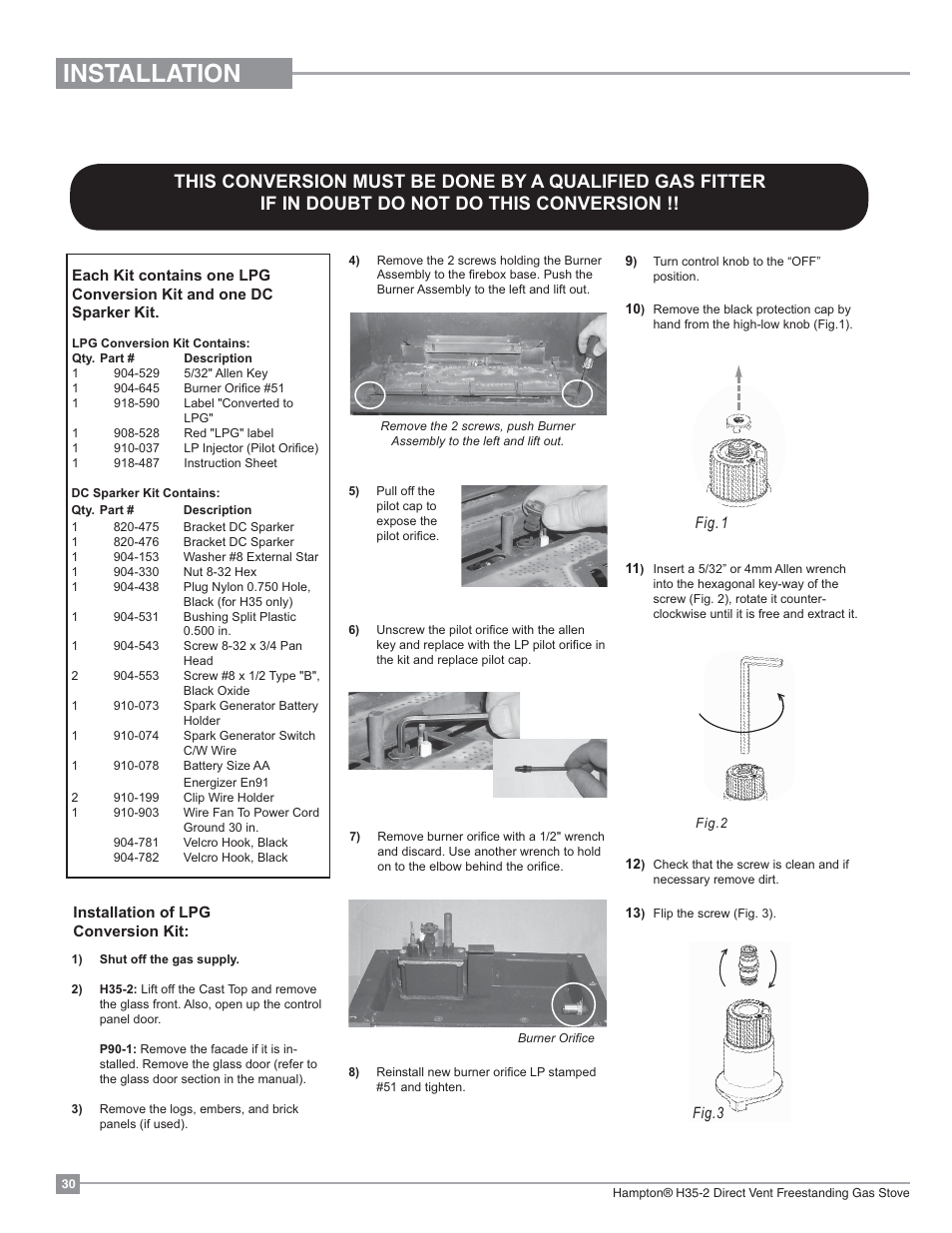 Installation, Fig. 1 | Regency Hampton H35 Large Gas Stove User Manual | Page 30 / 48