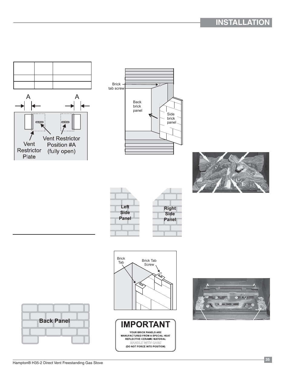 Installation, Log set installation, Optional brick panel | Back panel | Regency Hampton H35 Large Gas Stove User Manual | Page 35 / 48