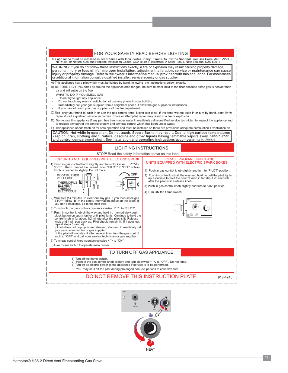Operating instructions, Adjusting flame height, Do not remove this instruction plate | Regency Hampton H35 Large Gas Stove User Manual | Page 41 / 48