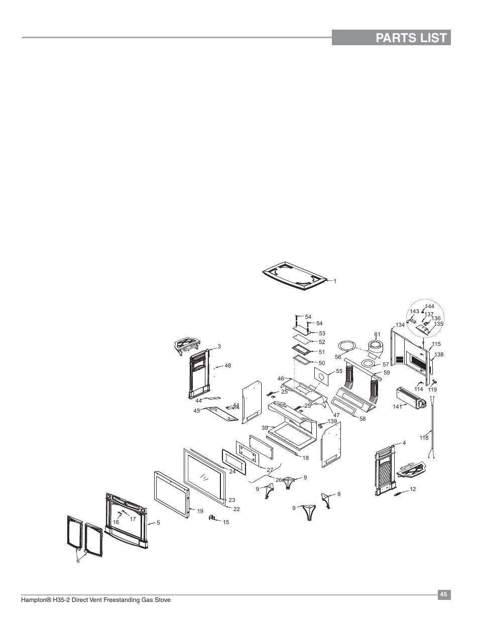 Parts list, Main assembly | Regency Hampton H35 Large Gas Stove User Manual | Page 45 / 48