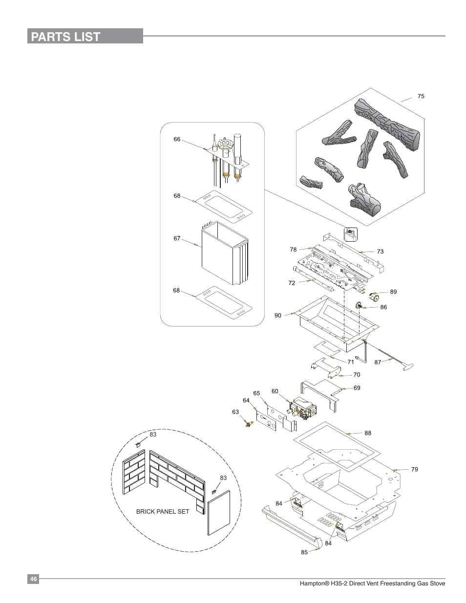 Parts list, Burner & log assembly | Regency Hampton H35 Large Gas Stove User Manual | Page 46 / 48