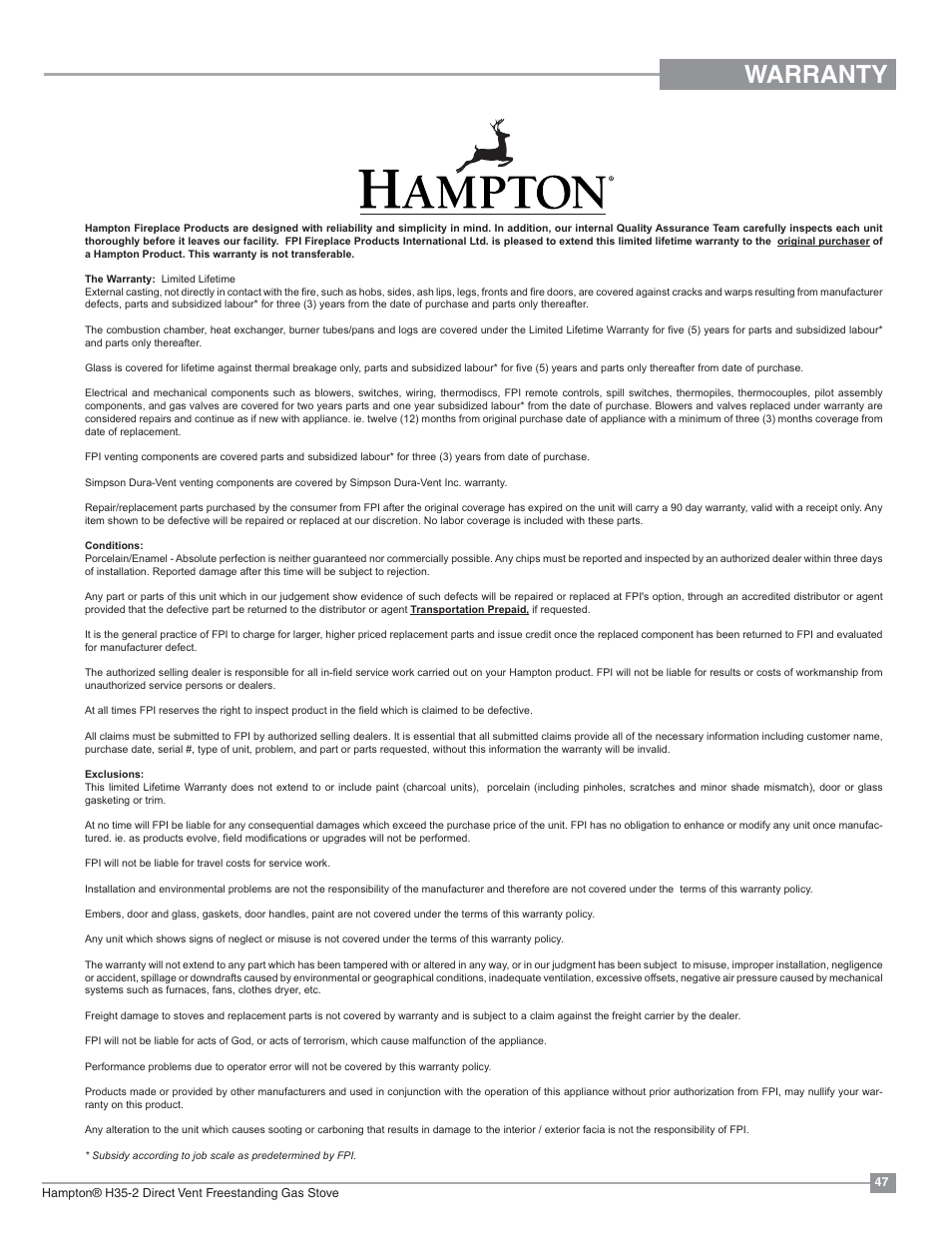 Warranty | Regency Hampton H35 Large Gas Stove User Manual | Page 47 / 48