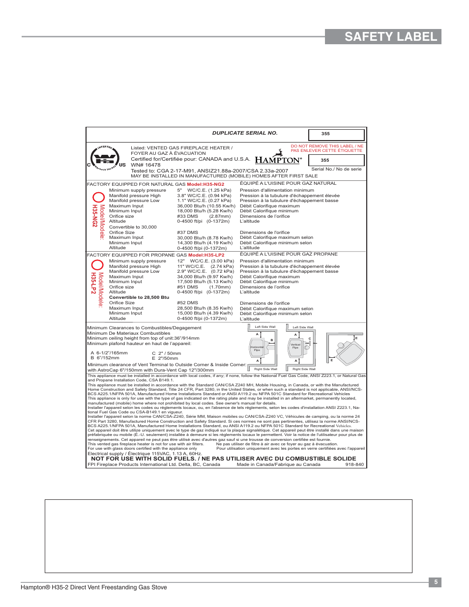 Safety label, Copy of safety label | Regency Hampton H35 Large Gas Stove User Manual | Page 5 / 48