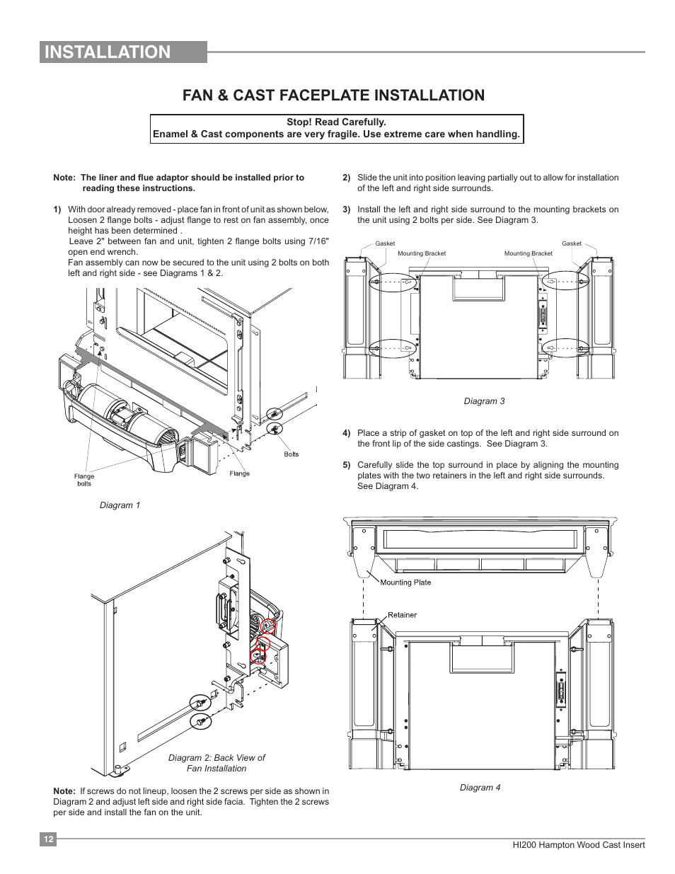 Hi200, Installation, Fan & cast faceplate installation | Regency Hampton HI200 Small Wood Insert User Manual | Page 12 / 24