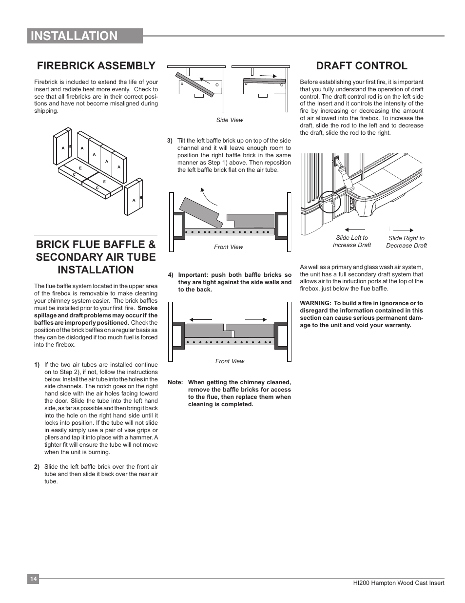 Installation, Firebrick assembly, Draft control | Regency Hampton HI200 Small Wood Insert User Manual | Page 14 / 24