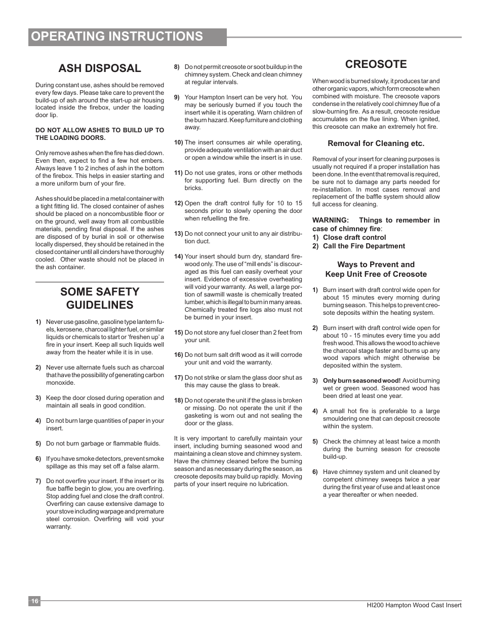 Operating instructions, Ash disposal, Some safety guidelines | Creosote | Regency Hampton HI200 Small Wood Insert User Manual | Page 16 / 24